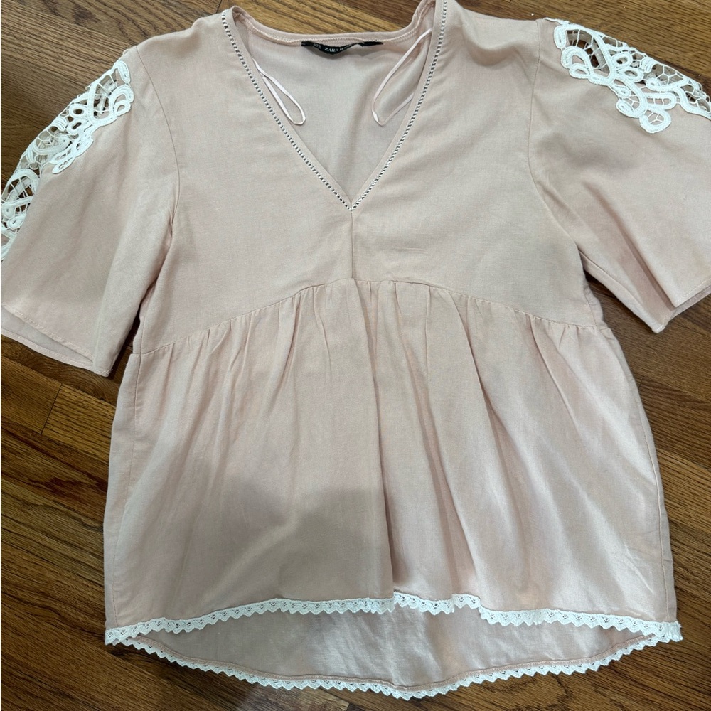 Zara Blush Pink V-Neck Peplum Top with Crochet Trim